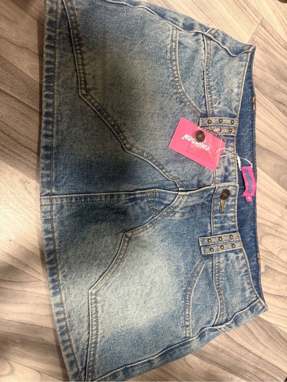 Edikted Denim Mini Skirt with Stud Belt Detail - Light Blue